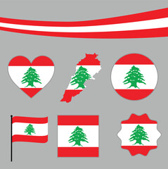 Print Lebanon map with national ribbon and 5 styles of flags – heart, circle, flat, wave, and badge – detailed vector design for educational, patriotic, and creative graphic projects