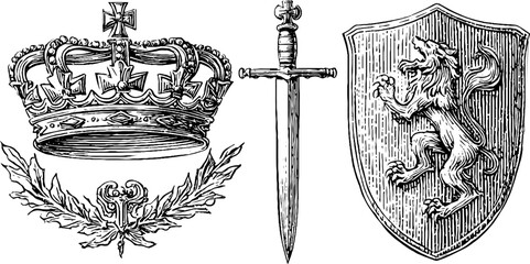 Heraldic cross emblem set with crown, sword, and lion shield for medieval design