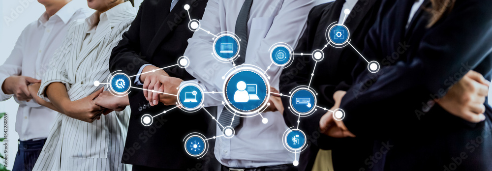Aufkleber a professional team stands in business attire, symbolizing collaboration and networking, enhanced by