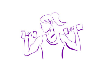 A minimalist purple line art illustration of a woman lifting dumbbells
