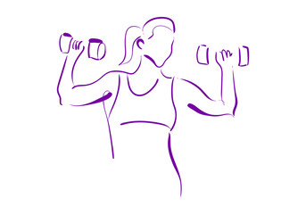 A minimalist purple line art illustration of a woman lifting dumbbells