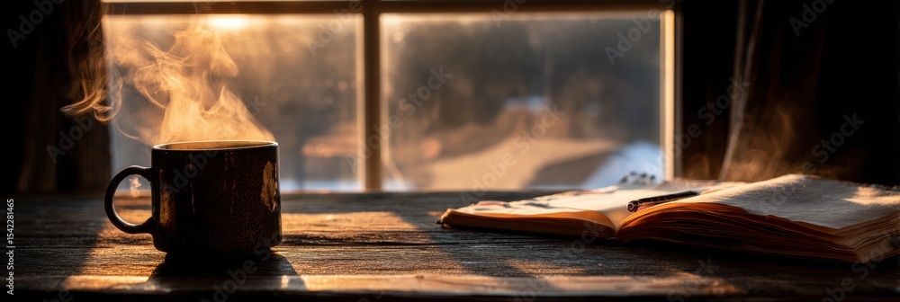 Poster golden hour magic with steaming mug and open journal by the window
