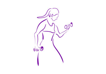 A minimalist purple line art illustration of a woman lifting dumbbells