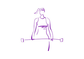 A minimalist purple line art illustration of a woman lifting dumbbells
