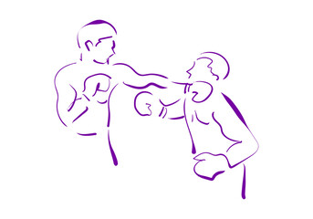A minimalist purple line art illustration depicting two boxers in a dynamic fight