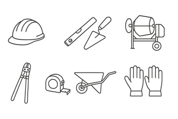 Construction Tool Icons. Line style icons of construction tools: hard hat, level, trowel, cement mixer. rebar cutter, measuring