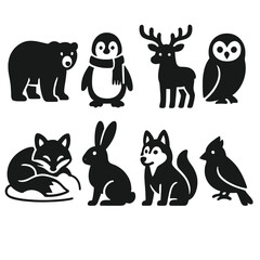 Fototapeta premium Winter Animal Icons. Solid style icons of winter animals: polar bear icon, penguin with scarf, reindeer with antlers, snow owl