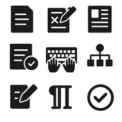 Writing Process Icons. Solid vector icons of writing and editing process: draft document, red pen corrections, article layout,