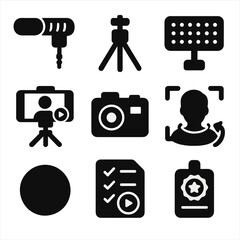 Vlogging Gear Icons. Solid style icons of vlogging gear: mobile mic, mini tripod, light panel, vlog start icon, behind-the-scenes