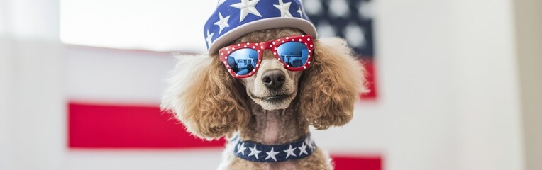 A playful Poodle displays patriotic spirit wearing an American hat and sunglasses against a backdrop of the flag. The canine radiates joy and charm in a festive setting