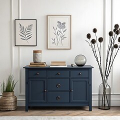Navy blue sideboard with minimalist artwork and decor