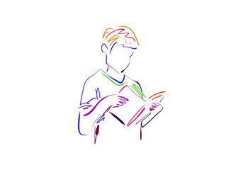 colorful line art illustration of a person reading a book.