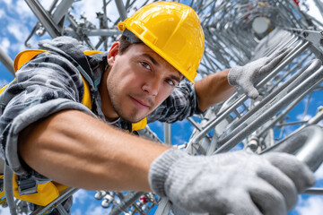 Worker climbs radio tower wearing safety gear under blue sky