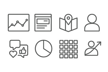 Social Analytics Icons. Line style icons of social analytics: overview graph, top content, audience location, profile visits,