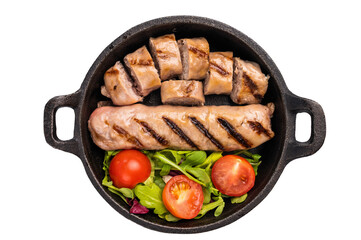Grilled sliced sausages, beef and pork meat with salad isolated on white background