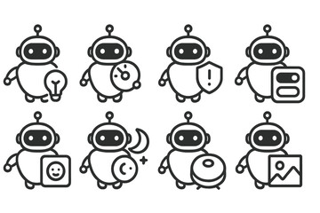 Smart Home Bot Icons. Line style icons of smart home bots: lighting control, thermostat command, security alert, appliance toggle,