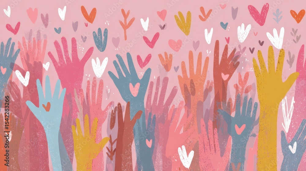 Aufkleber support network illustrated with hands and hearts in a vibrant, colorful representation of unity and
