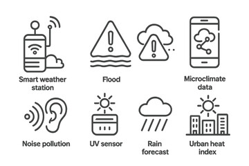 Weather Tech Icons. Line style icons of weather & environment tech: smart weather station, flood alert, air quality alert,