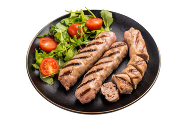 Grilled sliced sausages, beef and pork meat with salad isolated on white background