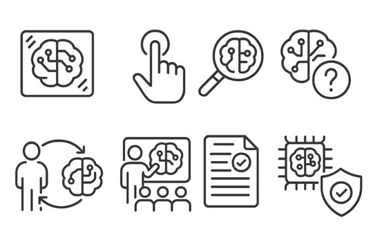 Ethical AI Icons. Line style icons of ethical AI integration: transparent AI, user override, bias detection, AI explainability,