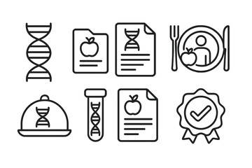 DNA-Based Nutrition Icons. Line style icons of DNA-based nutrition: DNA strand icon, nutrition plan folder, genome sequence chart,