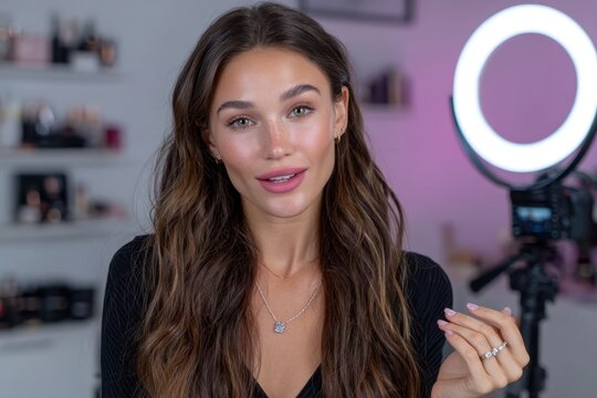 Beauty influencer demonstrates makeup techniques in a well-lit studio setting