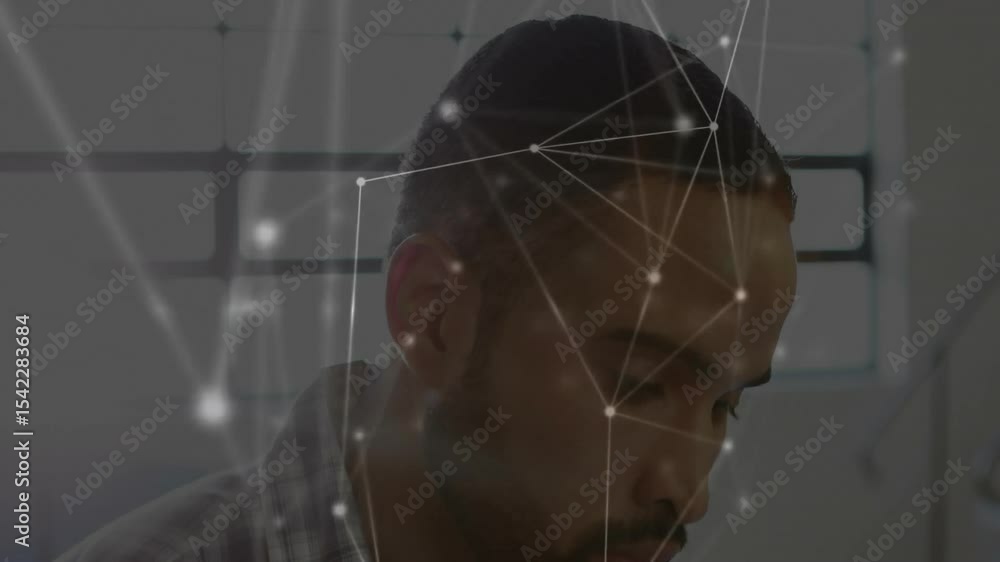 Aufkleber man tapping tablet screen at desk, activating digital network overlay for design prototype