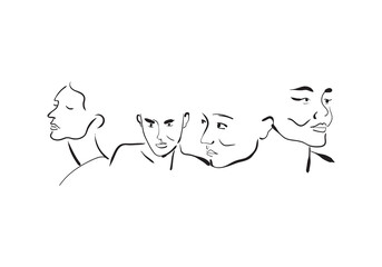  presents a minimalist, black and white line art illustration featuring a group of people.