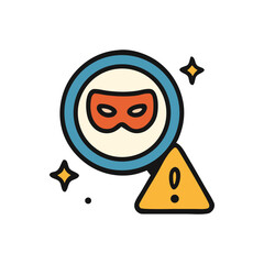 A magnifying glass focuses on a masked figure, highlighted by a caution triangle with an exclamation point, suggesting a security or privacy concern.