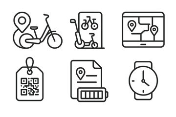 Smart City Icons. Line style icons of smart cities and urban systems: shared micromobility icon, bike rental station badge,