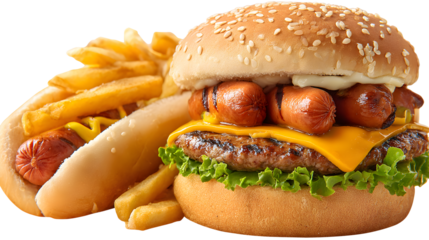 Burger and hot dog with French fries isolated on a white background