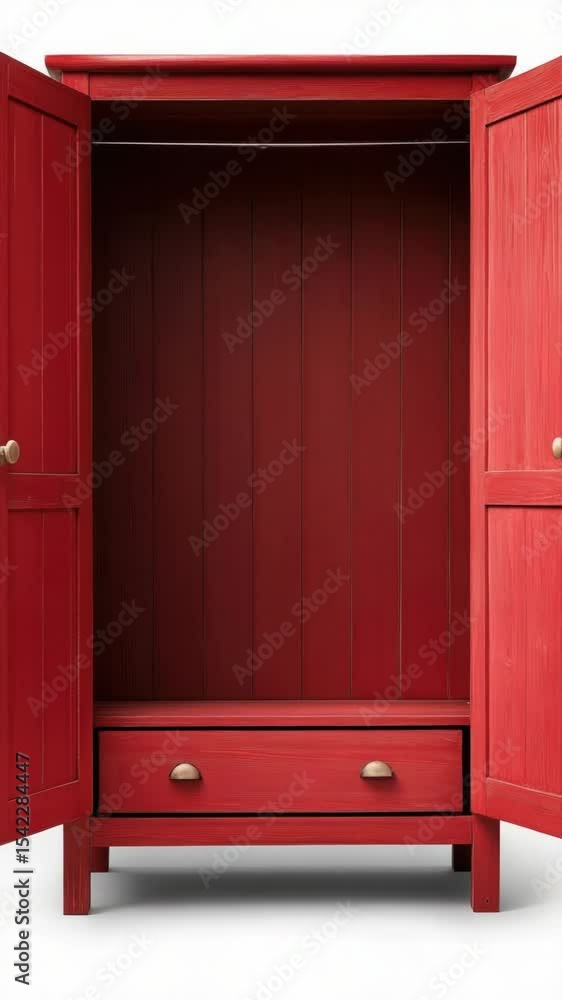 Poster A small red cabinet with two drawers and an open door, great for adding to home decor or using as a prop in photography