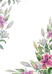 Vertical watercolor background Pink-white lilies with green leaves on branches in lower right and upper left corners Ample white space center Serene floral design for prints, web, or product packaging