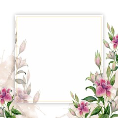 Square watercolor art panel. Pink and white lilies and green leaves on branches with a dimensional textured center. Focused botanical element on white space. For cards, frames, or surface design.