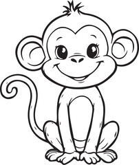 Fototapeta premium black and white cartoon monkey sitting with curved tail and big smile — hand-drawn animal illustration for kids’ content