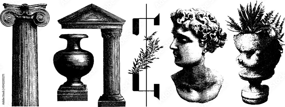 Poster collection of neoclassical architectural elements and sculptures for design projects