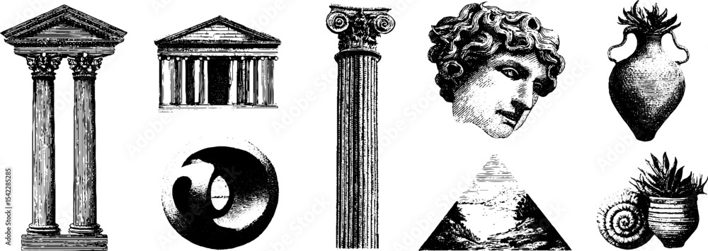 Poster neoclassical architecture elements and classical sculptures for design projects
