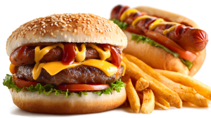 Burger and hot dog with French fries isolated on a white background