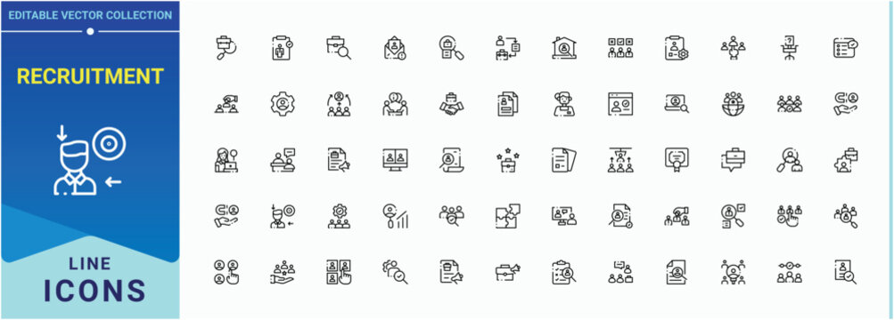 Recruitment icon set. Minimalist icons collection. Job simple icon set. Contains outline symbols like sourcing, employment, career, hiring, headhunting and more.