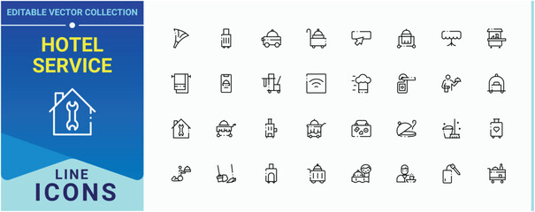 Hotel Service icon set. Containing apartment, room, care and more. Room Service simple icon set. Collection of simple line web icons. Pixel perfect. Editable stroke.