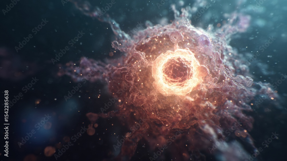 Poster Infected Cell Visualization With Glowing Core in a Sci-Fi Aesthetic Featuring Dynamic Colors and Intricate Details