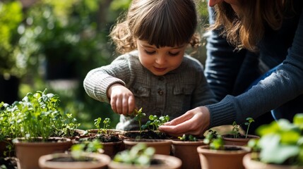 Mother and daughter carefully planting small seedlings in terracotta pots, enjoying a sunny day outdoors and learning about gardening together