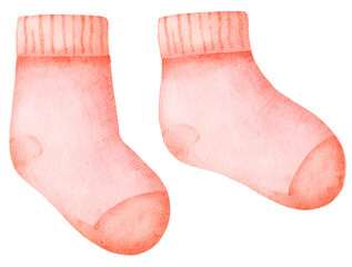 Watercolor illustration of two pink baby socks on transparent background.