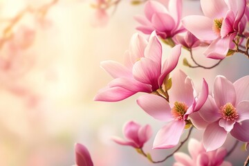 Fototapeta premium Magnolia blossoms bloom in soft shades of pink, their delicate petals highlighting nature's beauty. The flowers stand out against a gently blurred and warm background, creating a serene atmosphere