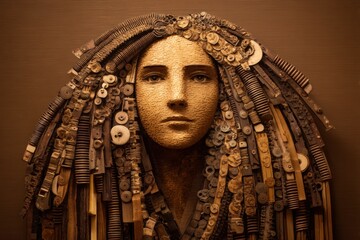 A sculpture with a human face crafted from textured materials; hair is a complex mix of screws, bolts, buttons, and springs creating an intricate, artistic effect