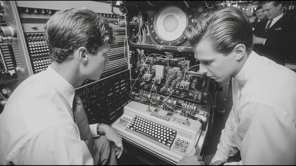 Two engineers concentrate on operating a large, complex vintage computer system in a technological workspace - Powered by Adobe