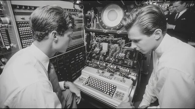Two engineers concentrate on operating a large, complex vintage computer system in a technological workspace - Powered by Adobe
