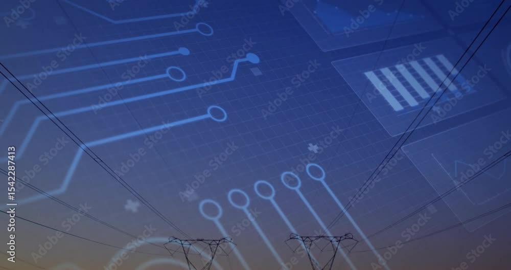 Poster grid lines starting circuit traces pulsing as towers emerging visualizing power grid connectivity
