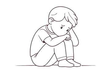 toddler boy sitting sad on floor line drawing