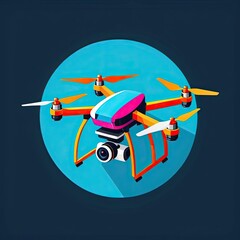 Colorful drone with a camera flying against a bright blue circular background, highlighting its features and design in a modern style